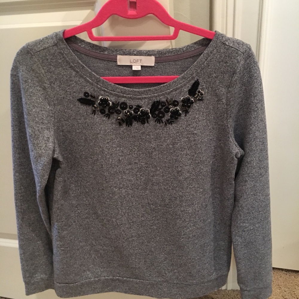 LOFT GREY & BLACK EMBELLISHED CREW NECK TOP SMALL
